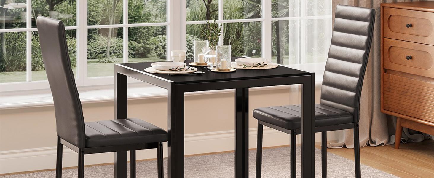 Gizoon 3 Piece Glass Dining Table Set, Kitchen and Chairs for 2, PU Leather Modern Room Sets for Home, Kitchen, Living Room