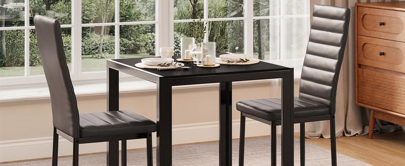 Gizoon 3 Piece Glass Dining Table Set, Kitchen and Chairs for 2, PU Leather Modern Room Sets for Home, Kitchen, Living Room