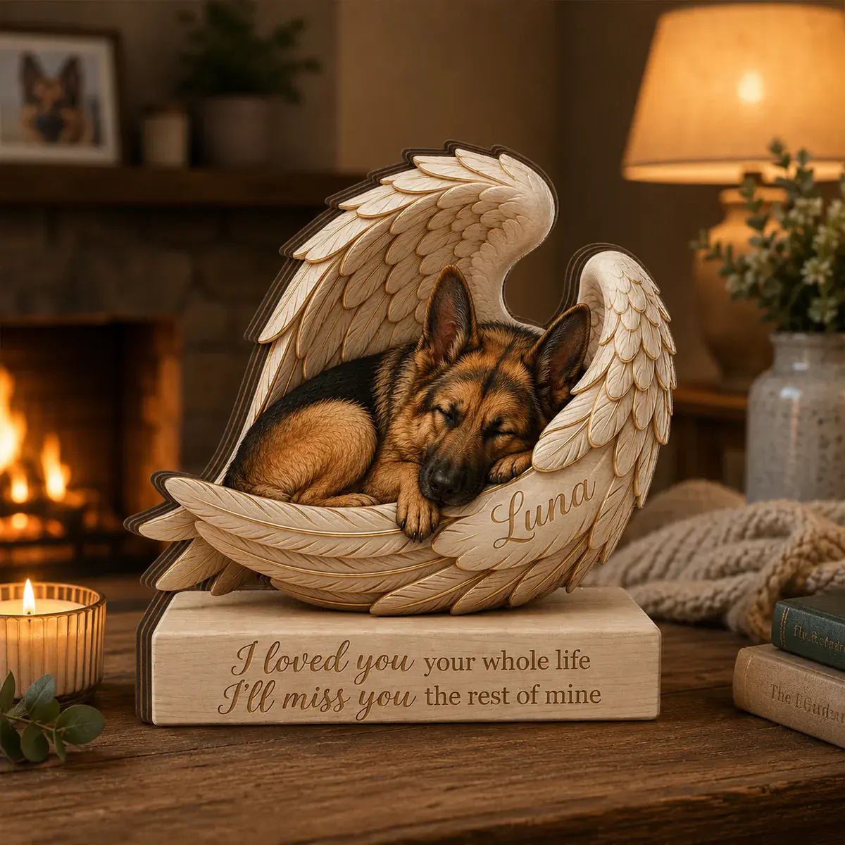 Handcrafted Personalized Wood German Shepherd Memorial Block - Custom Angel Wings Dog Portrait Stand, Modern Precision Pet Sympathy Gift for Graduation, Anniversary, Bedside Tables Display