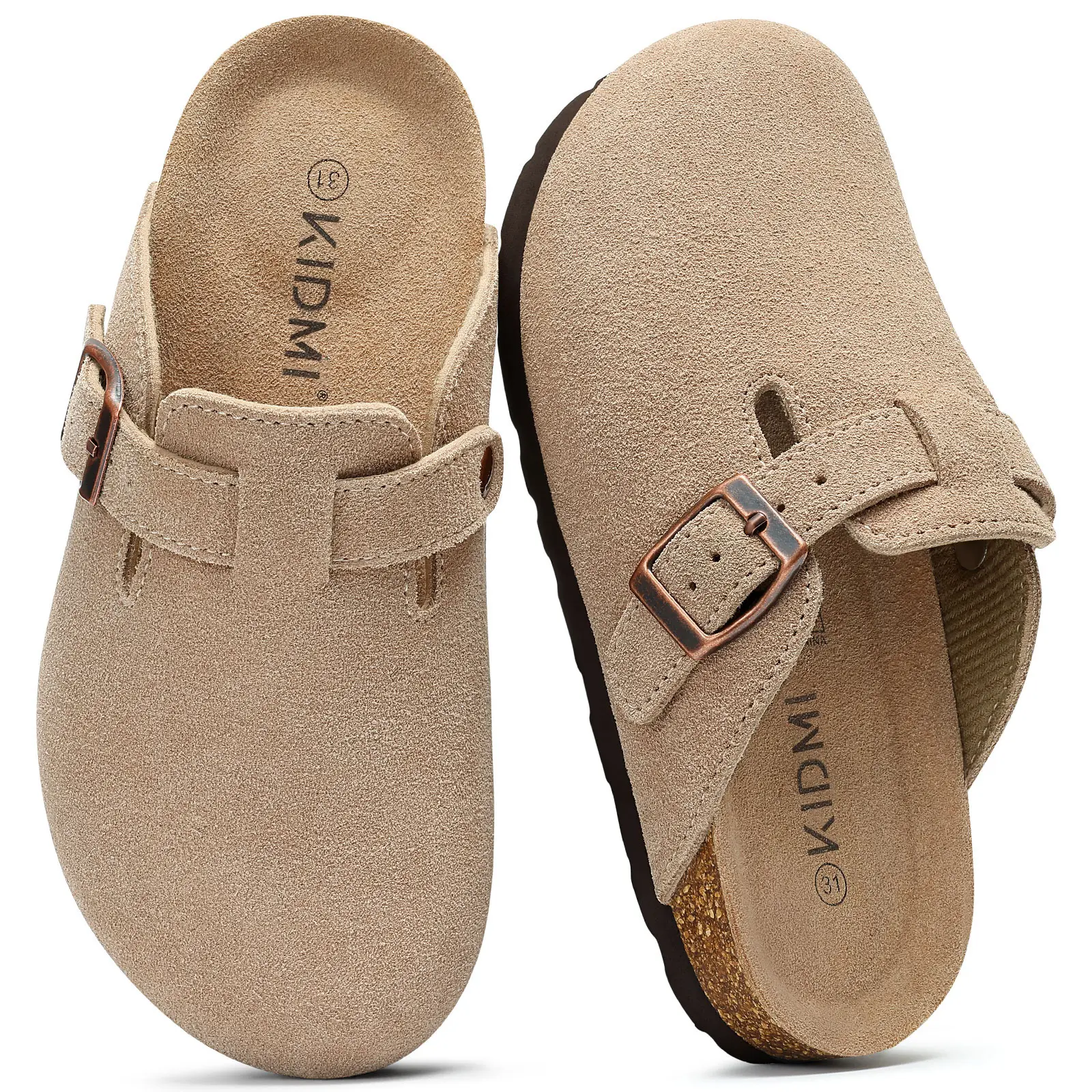 KIDMI Kids Genuine Suede Clogs,Toddler Soft Cork Footbed Leather Mules Comfort Shoes With Adjustable Buckle Comfortable Slip On Mules For Girls Boys Indoor/Outdoor Versatility.
