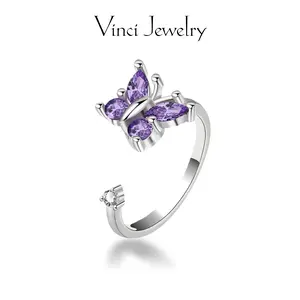 Exquisite Butterfly Fidget Open Ring with Sparkling Purple Lab Grown Diamond Design, Elegant Style and Stylish Ring Jewelry for Women, Romantic and Lucky Gift Perfect for Girls, Lover, Safe for Casual and Daily Wear, Birthday or Valentine's Day