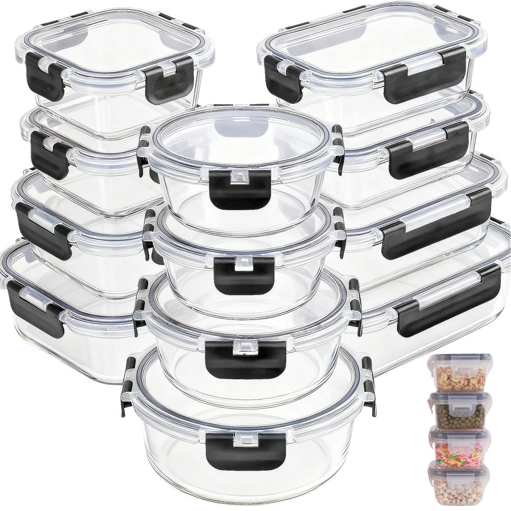 12Pack Glass Food Storage Containers - Airtight Lids, Microwave/Dishwasher Safe BPA-Free Kitchen Organizer + Black/Gray Utensils