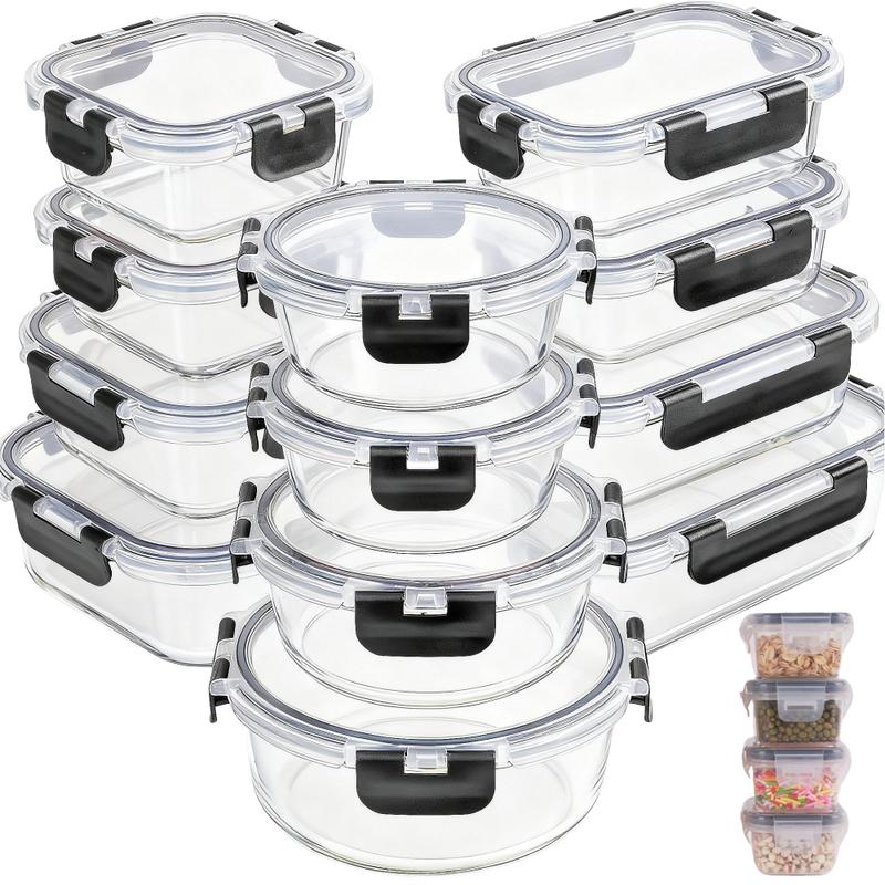12Pack Glass Food Storage Containers - Airtight Lids, Microwave/Dishwasher Safe BPA-Free Kitchen Organizer + Black/Gray Utensils