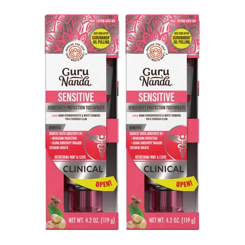 GuruNanda Sensitive Toothpaste 2-Pack – 5% Potassium Nitrate, Nano Hydroxyapatite & White Turmeric, Fluoride-Free Clove Mint, 4.2 oz Each