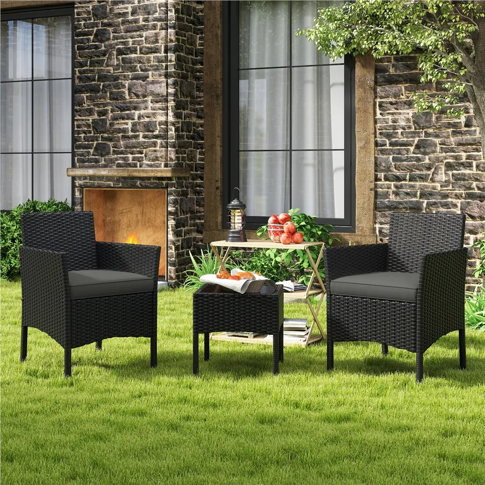 Costoffs 3-Piece Rattan Furniture Set, Outdoor Wicker Patio Conversation Furniture Set, 2-Piece Woven Rattan Chairs with Cushions & 1 Side Table for Bistro/Porch/Garden/Deck/Courtyard,outdoorfurnitureset