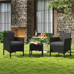 Costoffs 3-Piece Rattan Furniture Set, Outdoor Wicker Patio Conversation Furniture Set, 2-Piece Woven Rattan Chairs with Cushions & 1 Side Table for Bistro/Porch/Garden/Deck/Courtyard