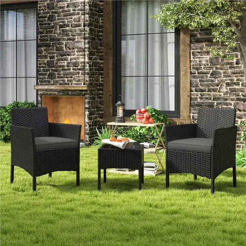 Costoffs 3-Piece Rattan Outdoor Furniture Set - Sturdy, Waterproof, Lightweight Rattan Conversation Set with 2 Cushioned Arm Chairs (2.4" Thick Soft Foam Seats), 1 Side Table, Fade-Resistant for Bistro, Porch