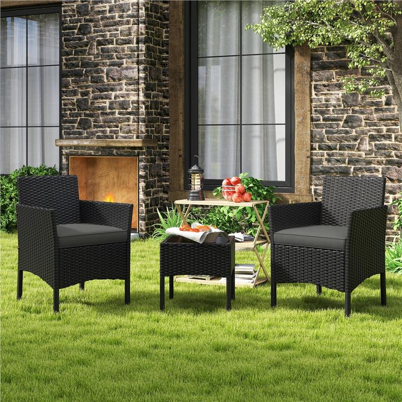 Costoffs 3-Piece Rattan Furniture Set, Outdoor Wicker Patio Conversation Furniture Set, 2-Piece Woven Rattan Chairs with Cushions & 1 Side Table for Bistro/Porch/Garden/Deck/Courtyard