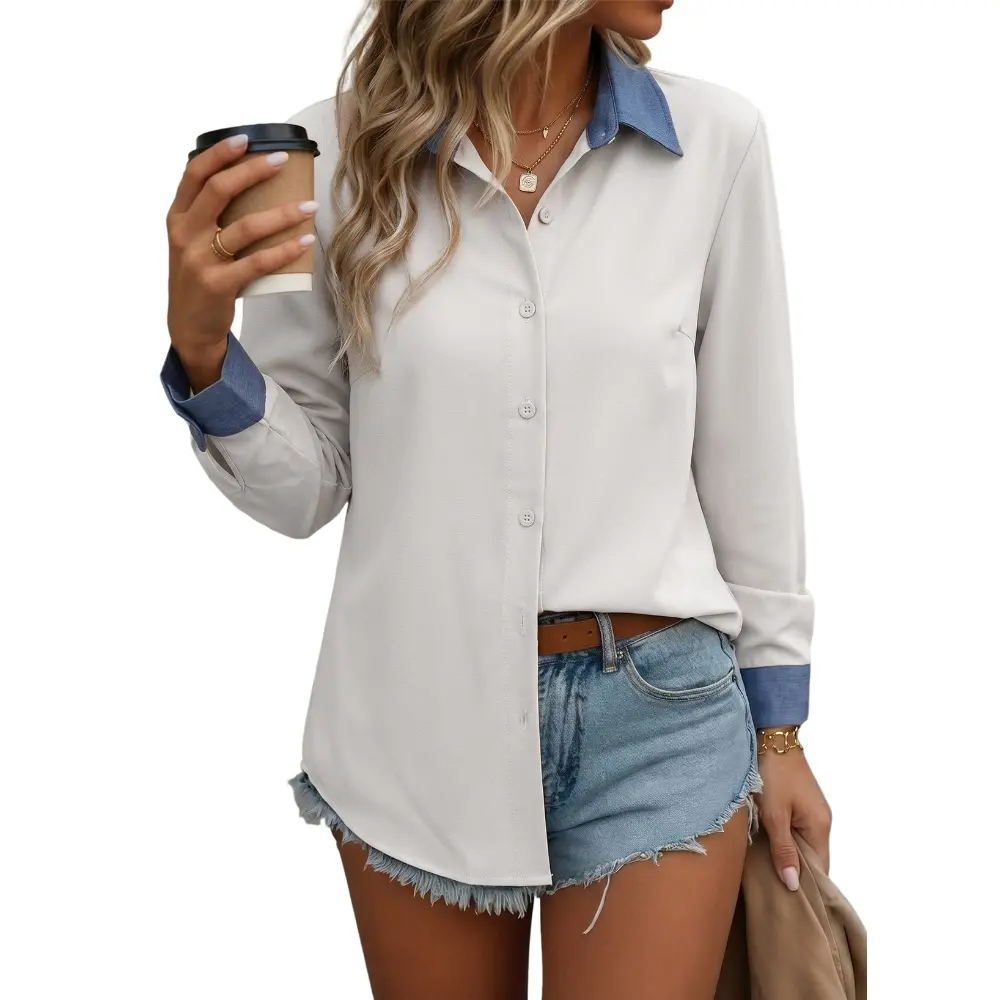 Dokotoo Button Down Shirts for Women Long Sleeve Denim Patchwork Tops Fashion Collared Shirt Long Sleeve Denim Patchwork Color Block Office Work Top Fall Outfits Daily Casual 2026