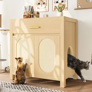 Cat Litter Box Enclosure, Hidden Cat Litter Box Furniture with Scratching Board Doors and Storage Drawer, Wooden Washroom Cat House Table Nightstand Box Cabinet, Natural