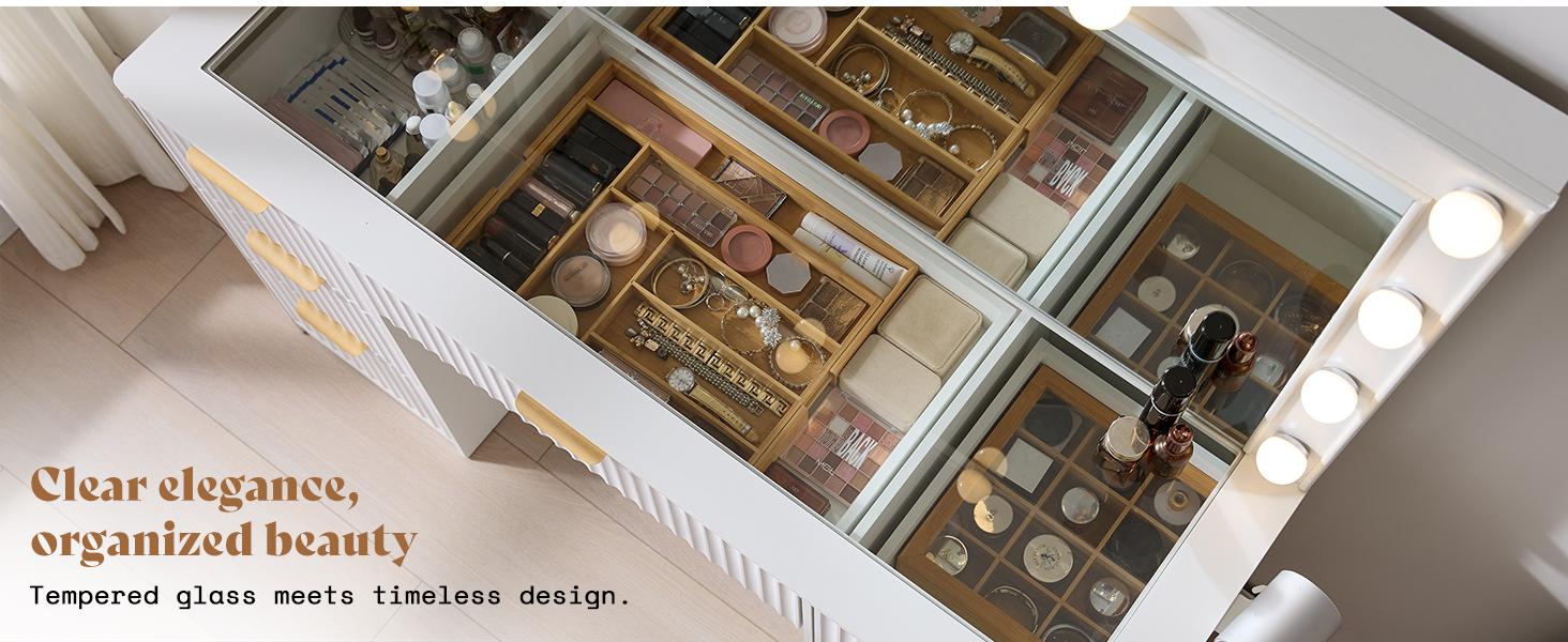 VanAcc 36.2/47.2" Fluted Vanity Desk with Mirror and Adjustable LED Lights, Large 4/7 Drawers Makeup Table with Glass Top and Charging Station for Women and Girls, Bedroom or Dorm