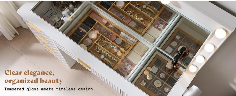 VanAcc 36.2/47.2" Fluted Vanity Desk with Mirror and Adjustable LED Lights, Large 4/7 Drawers Makeup Table with Glass Top and Charging Station for Women and Girls, Bedroom or Dorm