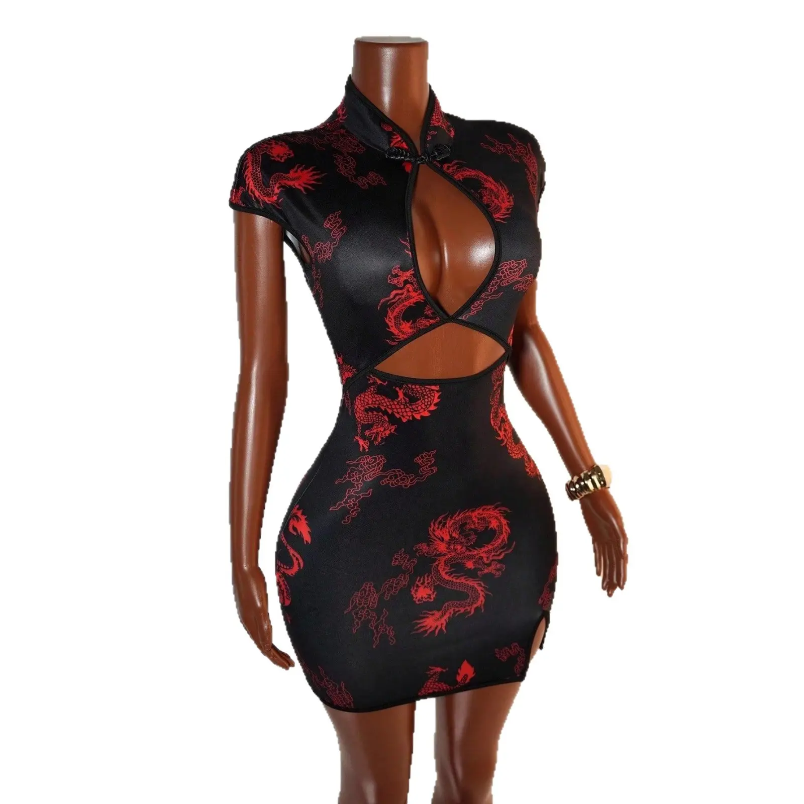 Women's Elegant Traditional Chinese Style Formal Short-Sleeved Cheongsam Dress - Golden Dragon Print, Polyester-Spandex Fabric, XL Size, Party & Bachelorette Event Wear