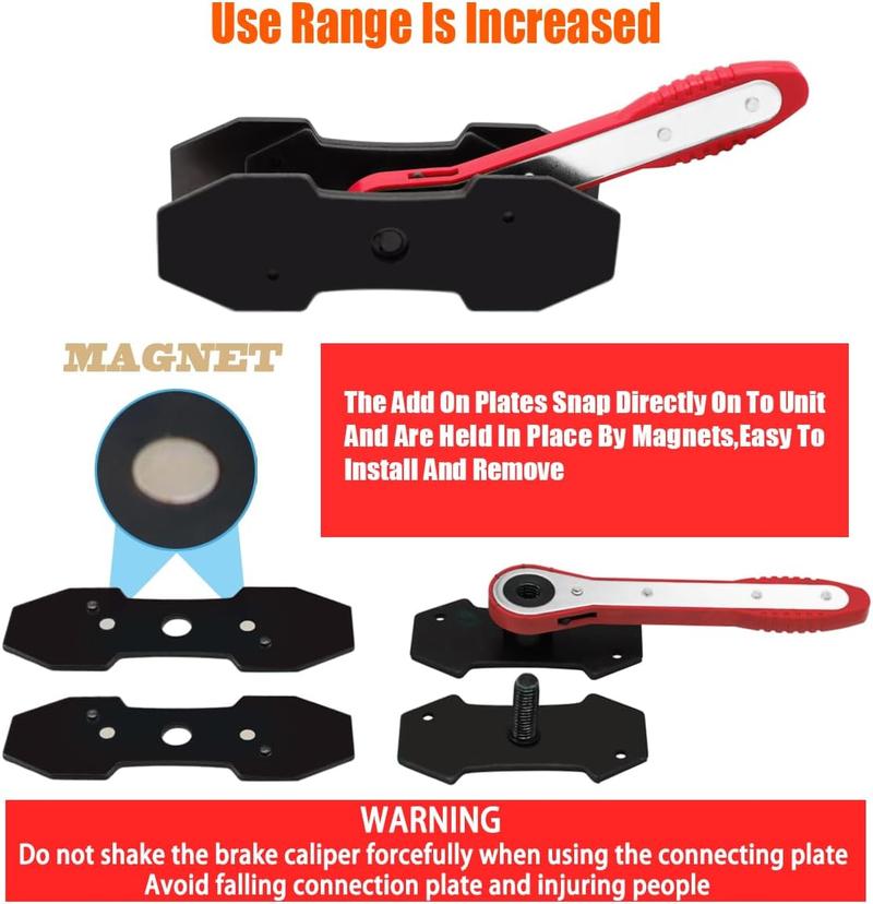 Piston Compressor Kit with 2 Steel Plates & 4 Caliper Hooks,Brake Caliper Compression Tool with 360° Ratchet,  Fits Single Twin Quad Sextuplet Disc Brakes, Red Brake Caliper Press Tool