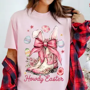 Howdy Easter Comfort Colors T-Shirt with western cowgirl vibes, coquette aesthetic bunny art, retro Easter style perfect for spring outfits today now.