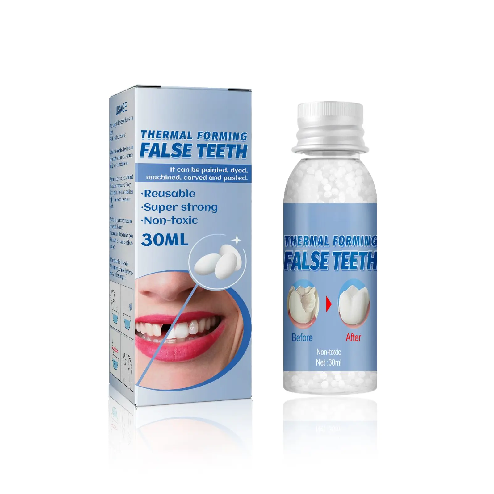 Moldable False Teeth Temporary Repair Kit with 30ml Shapeable Denture Pellets - Self Molding Dentures, Fake Tooth Replacement Tools for Emergency Gap Filling & Whitening, Teeth Whitening