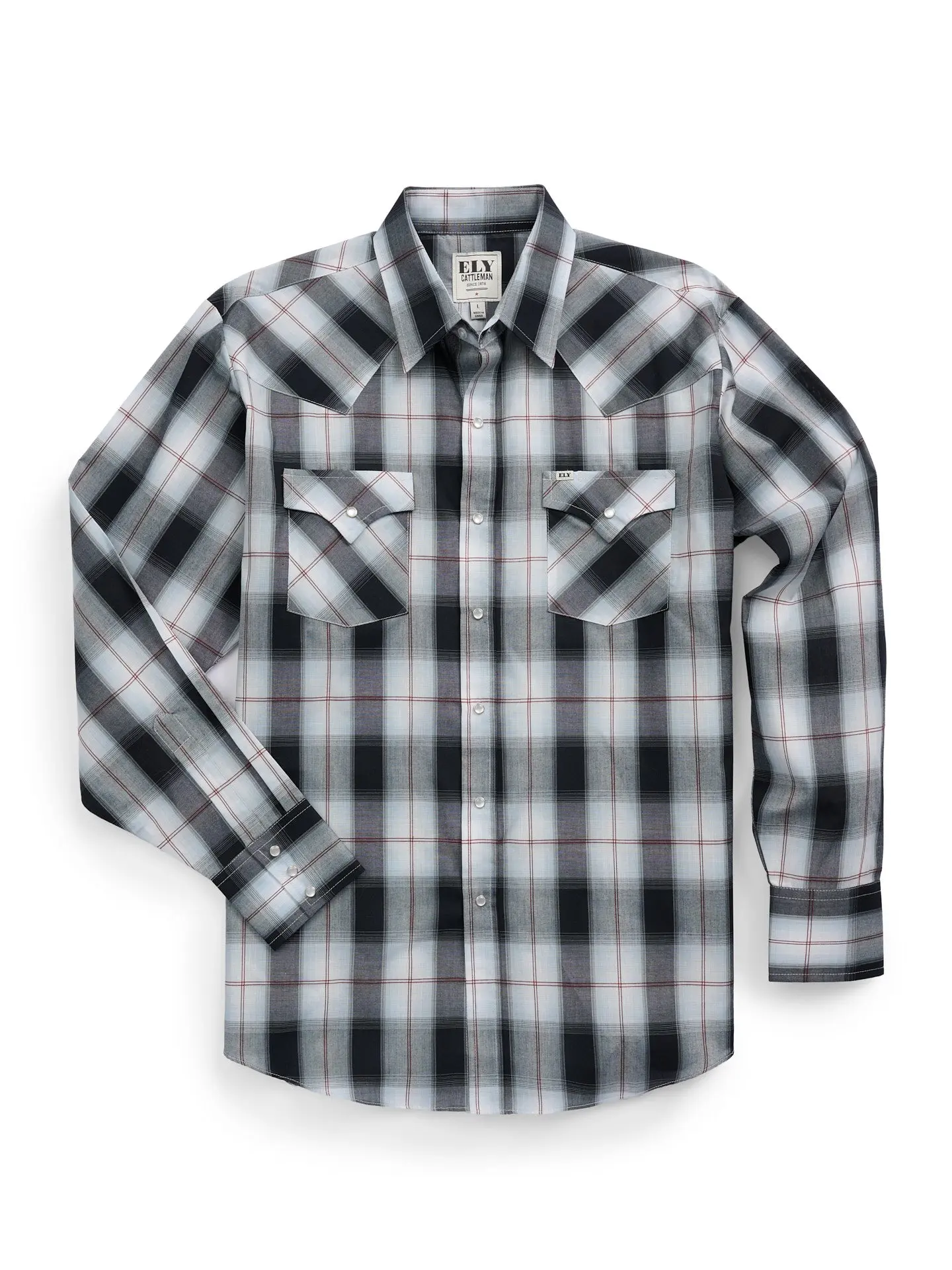 Men's Ely Cattleman Collared Long Sleeve Textured Plaid Western Snap Shirt - Black & Navy, Polyester Fabric, Casual Style, With Pocket
