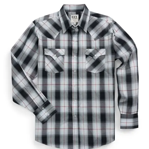 Men's Ely Cattleman Western Snap Cowboy Shirt - Polyester-Cotton Fabric, Long Sleeve Collared Woven Textured Plaid, Black & Navy, Pocket with Pencil Slot, Authentic Front & Back Western Yokes, Casual Vaquero-Inspired Menswear Top