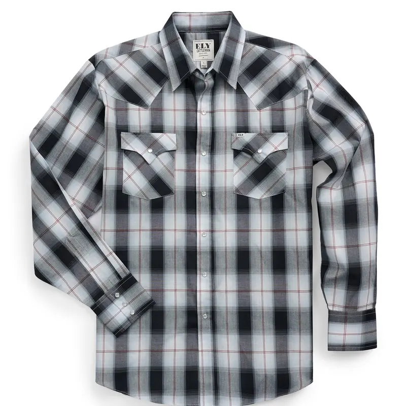 Men's Ely Cattleman Western Snap Cowboy Shirt - Polyester-Cotton Fabric, Long Sleeve Collared Woven Textured Plaid, Black & Navy, Pocket with Pencil Slot, Authentic Front & Back Western Yokes, Casual Vaquero-Inspired Menswear Top