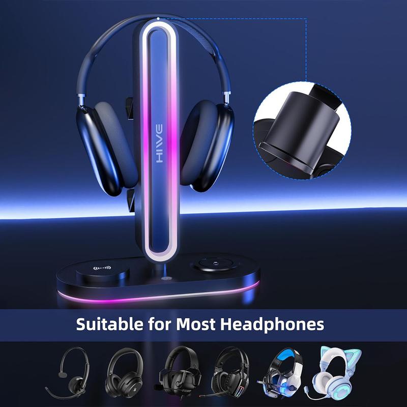 HiWe Universal RGB Gaming Headphone Stand with 2 Controller Holder, Wireless Charger for iPhone/iWatch,  Non-Slip Base, with USB-A & USB-C Outputs