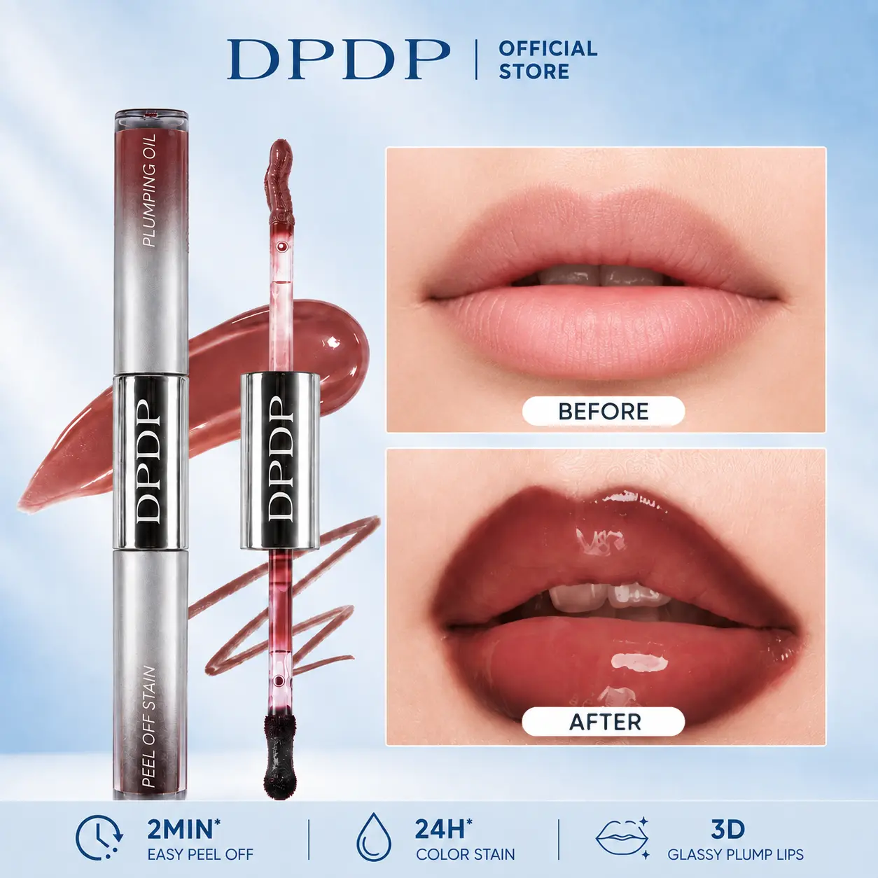 DPDP Peel-Off Lip Liner Stain & Plumping Lip Oil Duo, 2-in-1 Long-Lasting Transfer-Resistant Stain with Hydrating High-Shine Lip Gloss Moisturizing Lip Kit