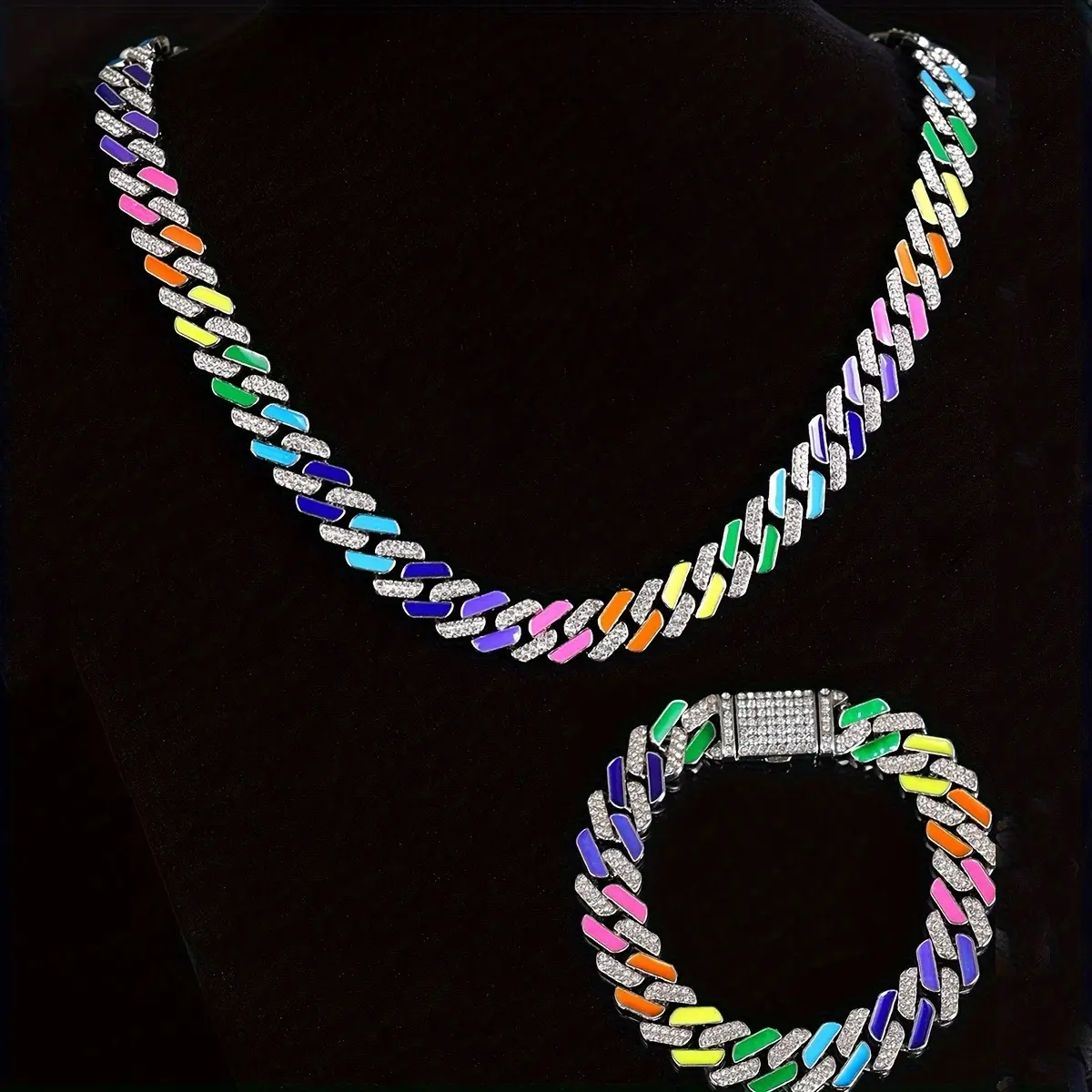 Cuban Link Necklace Bracelet Set Unisex Hip Hop Jewelry Bling Diamond Rhombus Cut Alloy Rainbow Jewelry Accessories Street Wear Party Decorative Jewelry for Men Women
