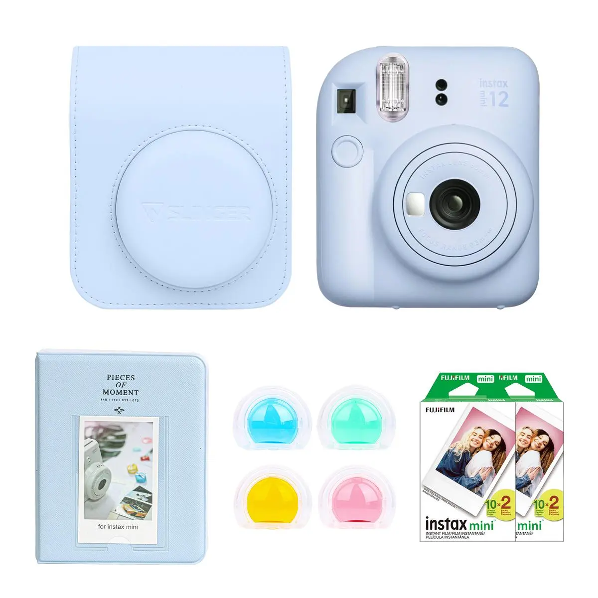 Fujifilm Instax Mini 12 Portable Instant Film Camera (Pastel Blue) Bundle - Instax Mini Custom Case, Accessory Kit, ISO 800 Film (2 Twin Packs, 40 Exposures), Auto Mode, AA Batteries