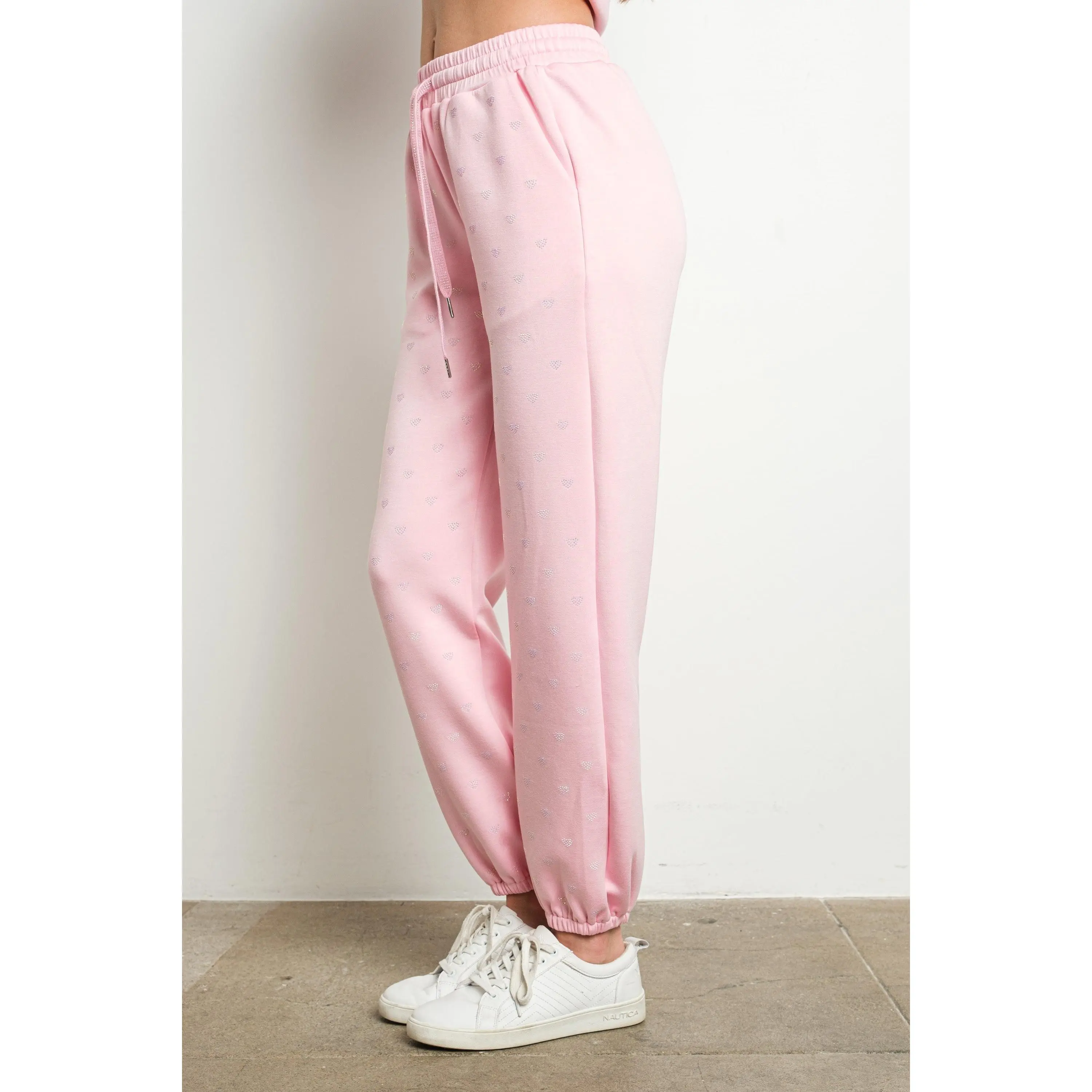 Women's Sporty Chic Joggers with Rhinestone Hearts, Loose-Fitting and Relaxed Fit Lounge Pants with Cuffed Ankles, Casual Wear, Elastic Waist, Heart Details, Female, Shimmering Heart Details