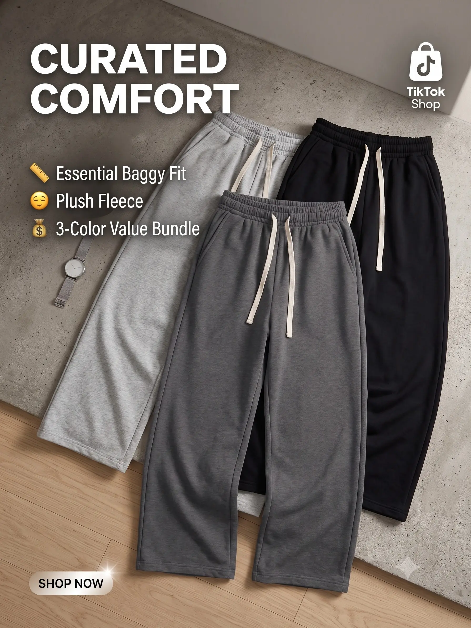 Men’s everyday essential long pants, 3-pack!Great value | Comfortable drawstring loose wide-leg pants | Gray/black wardrobe basic essential set | Pants for cold weather | Fall/winter pants | Soft sweatpants | Warm home casual pants