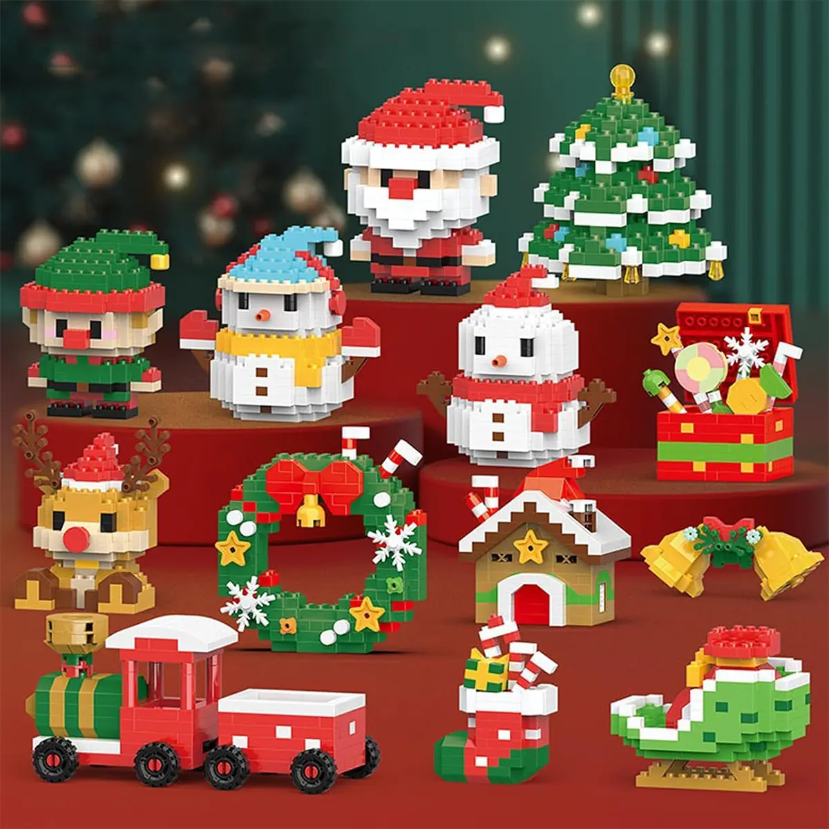 Christmas Mini Building Blocks Set, Xmas Santa Claus Reindeer Snowman Micro Blocks Kit, DIY STEM Toy Gift for Kids Classmates, Holiday Party Favor Decor