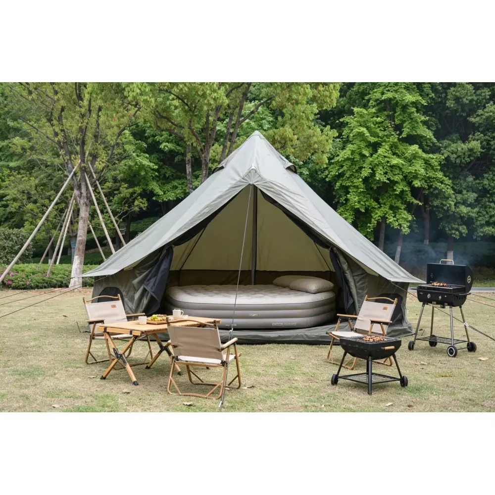Oxford Bell Tent for Family Camping, 9.8ft 4-Season Yurt with Stove Jack, Waterproof Oxford Fabric, Mesh Windows, Mosquito-Proof, Spacious Glamping Tent for 3-4 People,