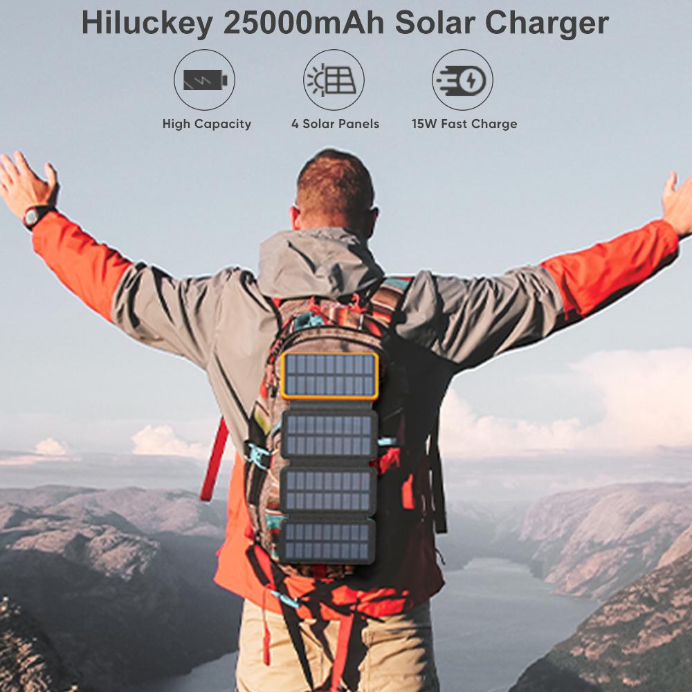 Solar Charger, Hiluckey Outdoor USB C Portable Power Bank with 4 Solar Panels, 3A Fast Charge External Battery Pack with 3 USB Outputs Compatible with Smartphones, Tablets, etc.