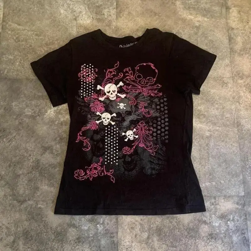 Aesthetic Clothing T-shirt Baby Tees Y2k Tops Crop Top Women Gothic Grunge Clothes Y2k Kitty 90s Clothes Vintage Kpop Goth Emo