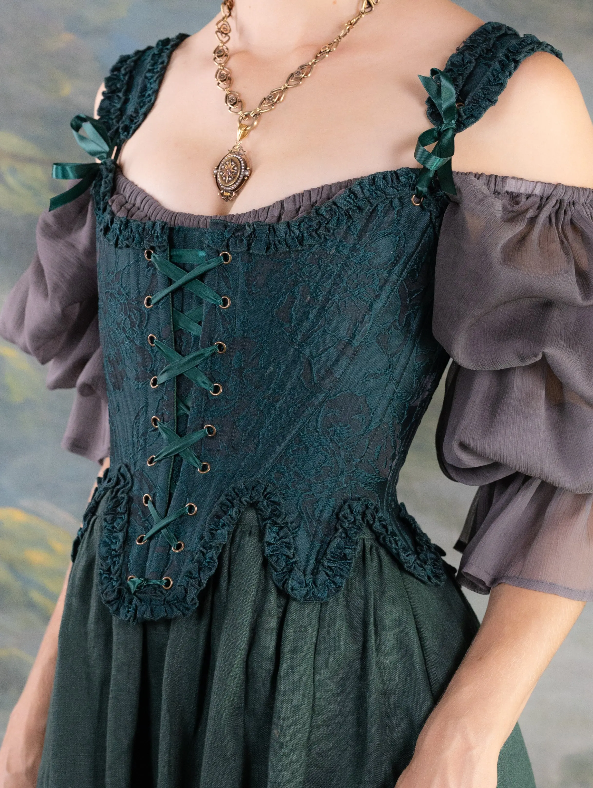 Dark Green Floral Jacquard 18th Century Stays