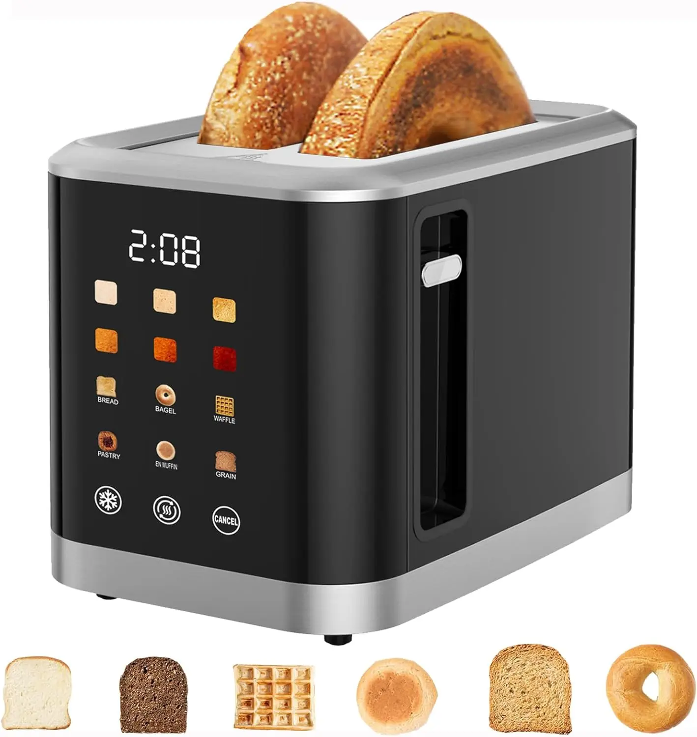 2-Slice Digital Touchscreen Kitchen Toaster (800 W, US Plug) - Home Household Appliances Countertop Device with 6 Bread Types, 6 Shade Settings, Extra Wide Slots, Bagel, Defrost Mode, Reheat & Cancel Functions; Touch Controls Make Toasting Simple
