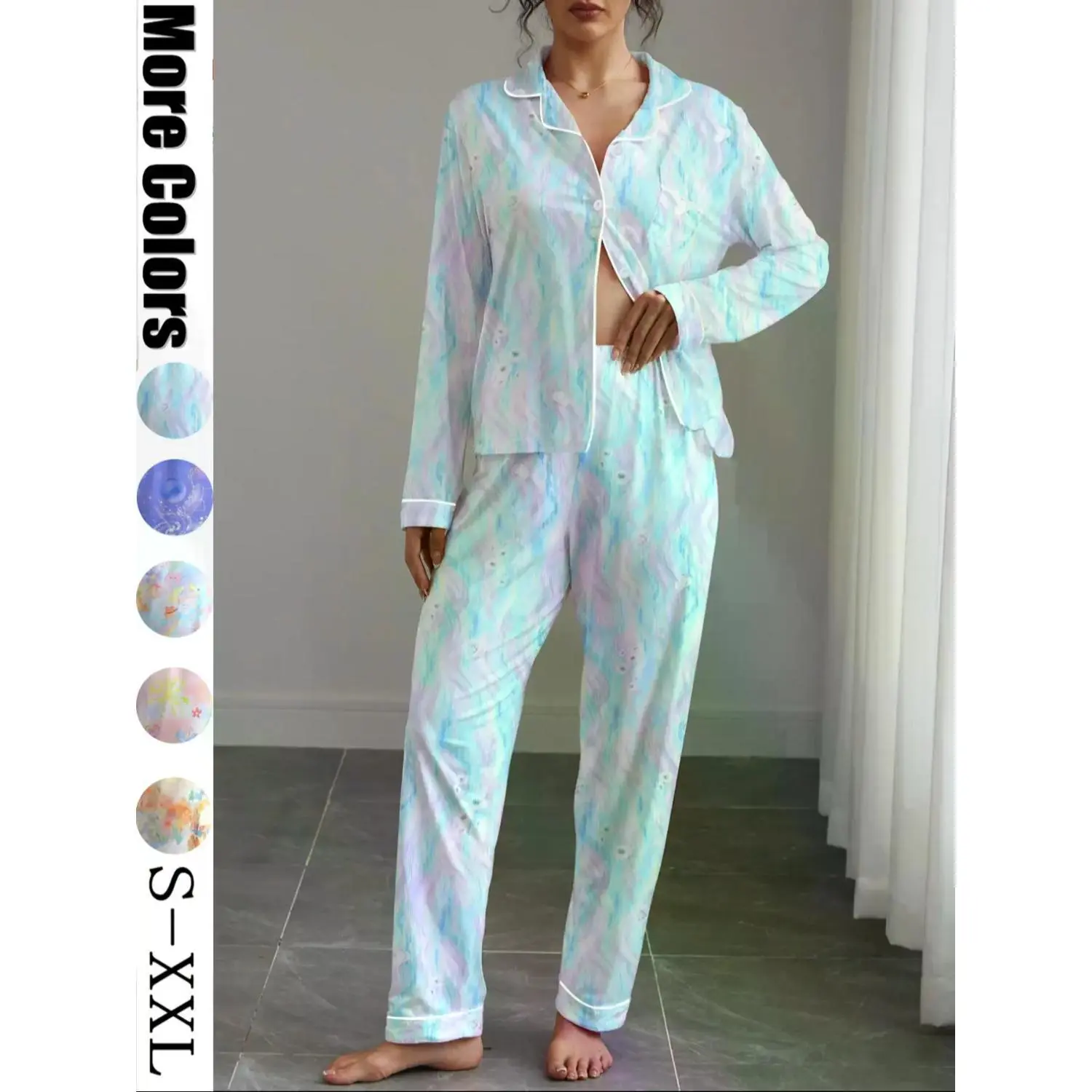 Women's Long Sleeve Sleepwear Set, Pajama Loungewear, Glowing Print, Elegant Casual, Comfortable Lapel Top & Wide Leg Pants, All Seasons