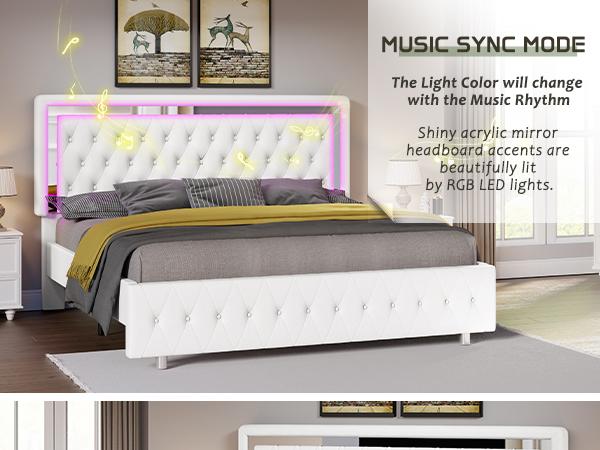 AMERLIFE Modern Bed Frame with RGB LED Lights, Adjustable Headboard Velvet Button Tufted/Acrylic Mirror Accents/Smart APP&Remote Control/No Box Spring Needed/Furniture Room/Full/Queen Size/Best Gift Ideas/Christmas Gifts
