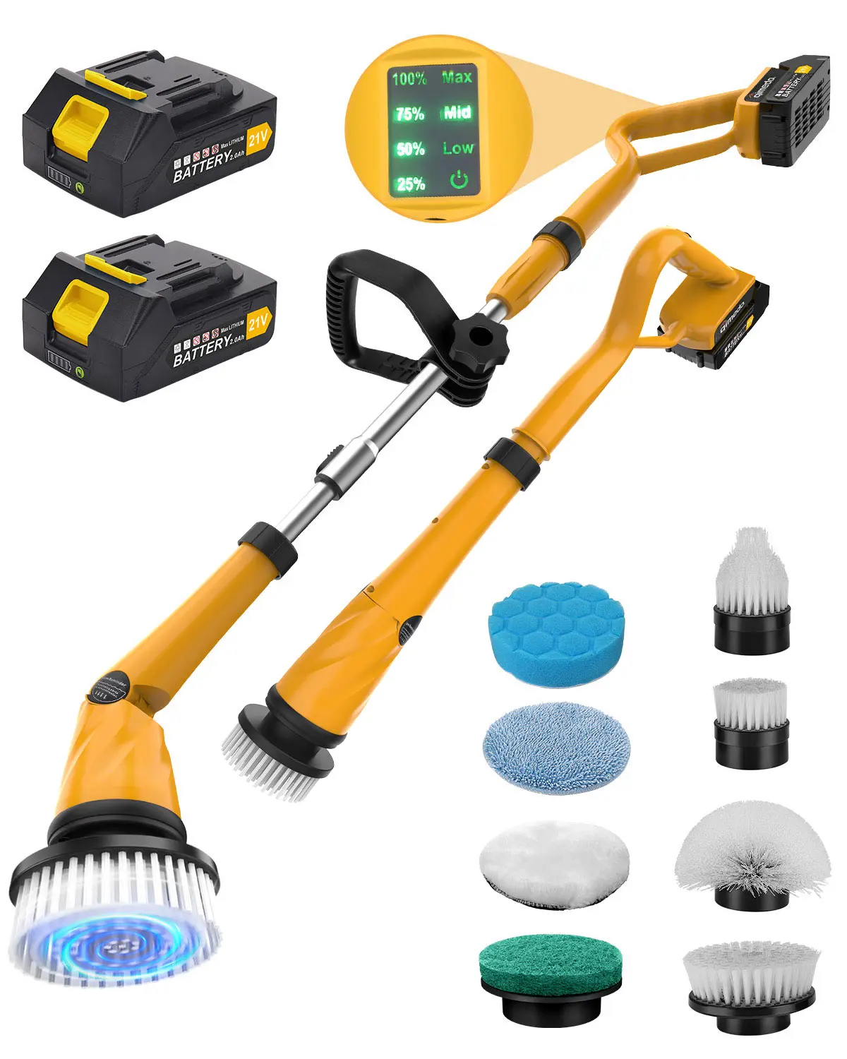 Qimedo Q2 Pro Rechargeable Spin Scrubber - 1500 RPM Cordless Electric, 2 Batteries, Waterproof, Telescopic Handle, Display, 8 Brushes, Floor Scrubbing Brush for Tile/Grout, Home Cleaning Tool for Friends/Family with Bag, Handle Bar