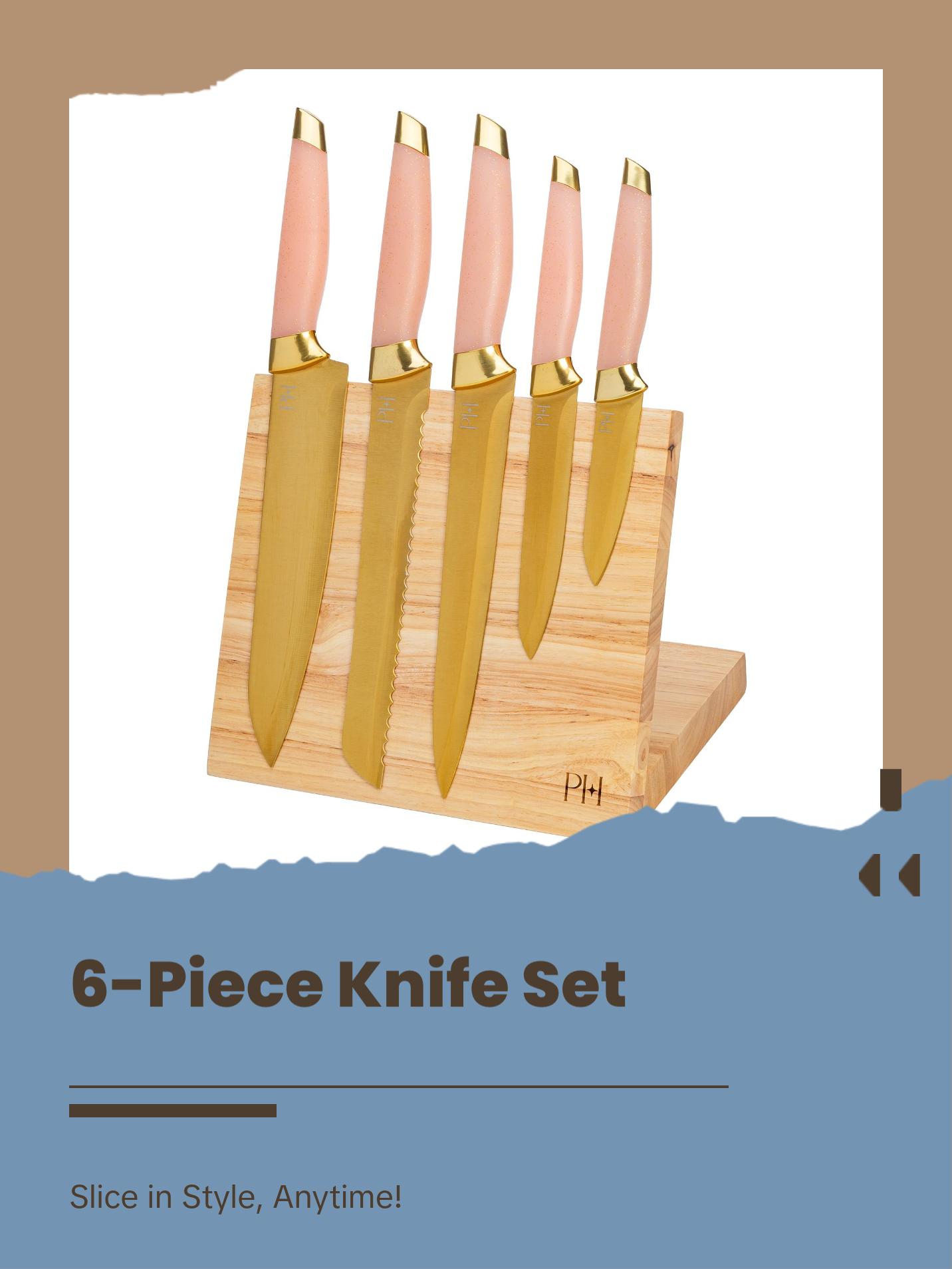 Paris Hilton Knife Block Set with Magnetic Wooden Knife Block, High Carbon Stainless Steel Blades, Titanium Coating, 6-Piece Set, Pink & Gold