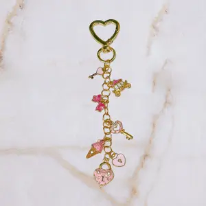 Pink Purse Charms, Keychains, Key Holder, Bag Charm, Purse Accessory, Charm Chain, Bag Accessory, Backpack Keychain, Gold, Wallet Charm, Girly, Cute, Lock, Carriage, Key, Ribbon, Ice cream