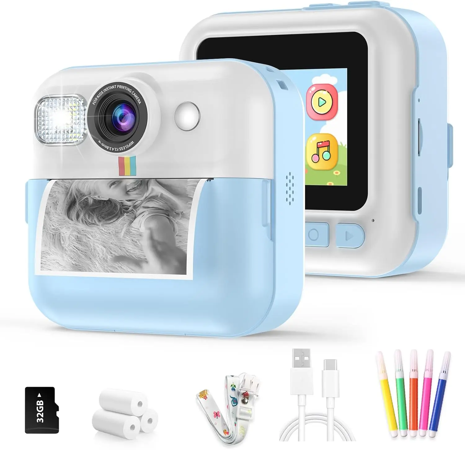 Purple Kids Instant Print Camera - 1080P Rechargeable Unisex Toy Camera with 32G SD Card, Print Paper, 16x Digital Zoom, LCD Screen, USB Charging, Videos Function, Birthday Gift for Ages 3-12 Boys & Girls