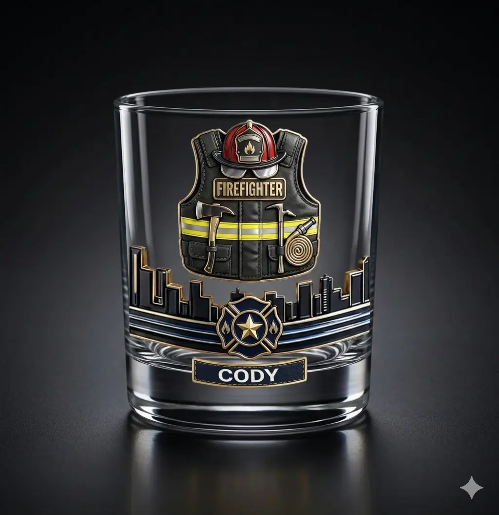 Personalized Firefighter Whiskey Glass 11oz – Custom Name Rocks Glass – Firefighter Gift – UV Printed Old Fashioned Glass for Fireman