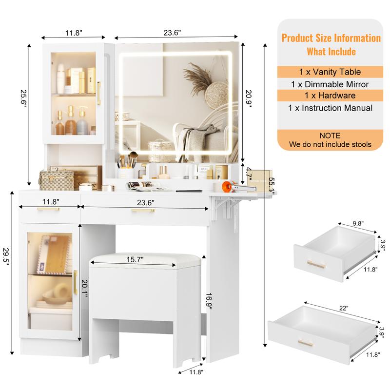 【Valentine's Day gift】Makeup Vanity Mirror with Light, Large Women Vanity Desk with Touch Screen Mirror Lights & Power Outlet, 4 Cabinet, 2 Shelves & 5 Drawers for Bedroom,[Gift Idea]