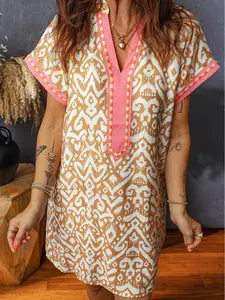 Khaki Western Fashion Print Striped Color Block Patchwork Shift Mini Dress, Striped Color Block Design Adds Eye-Catching Patchwork Contrast.