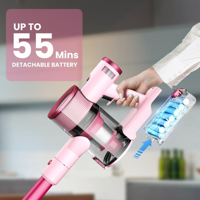 [FebFaves]S2 Cordless Vacuum, 50KPA Strong Suction & 55-Min Runtime, Anti-Tangle Rechargeable Stick Vacuum with Green LED for Easy Daily Cleaning , Lightweight 2-in-1 Handheld with Self-Standing Design for Floors, Carpets, Sofa, Tiles, Cars