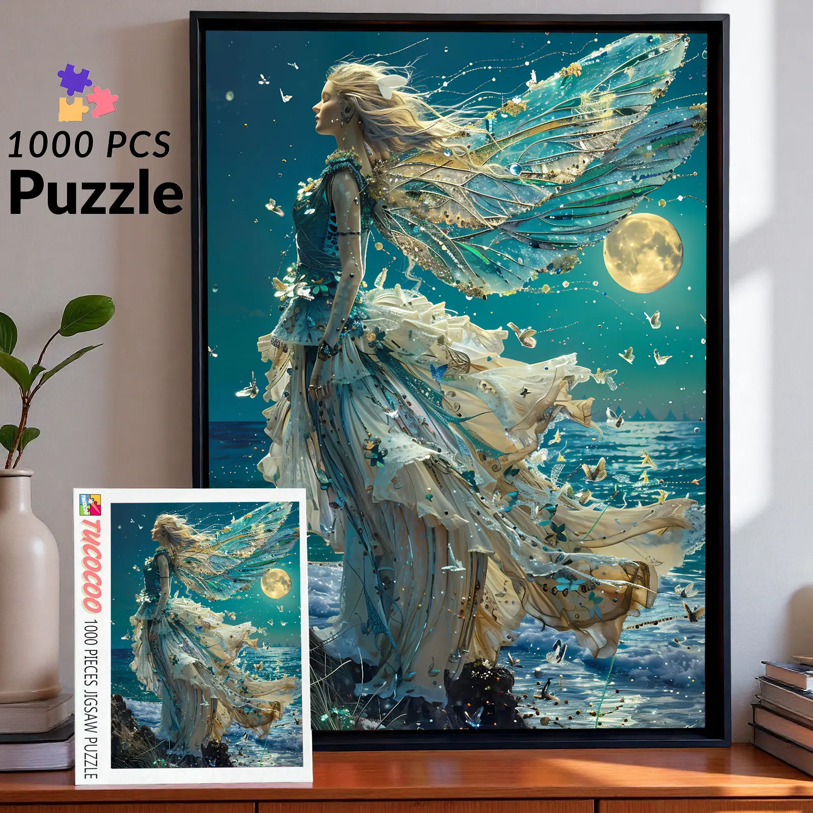 Moonlight Ocean Fairy 1000 Pieces Jigsaw Puzzle Enchanting Night Scene with Fairy Wings and Sea Breeze Fantasy Art for Adults Elegant Relaxing Gift 27.5x20inch (70x50cm)
