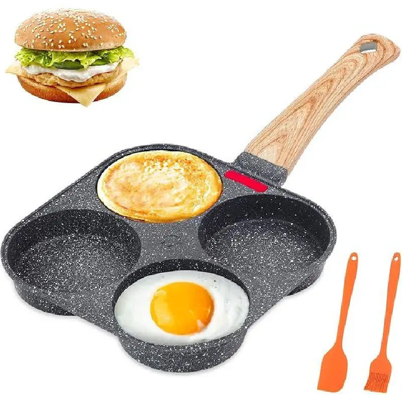 4-Hole Non-Stick Egg Frying Pan with Wooden Handle - Cookware for Omelets, Pancakes - Non Stick Surface Frying Pans & Woks, Multifunctional Kitchen Gadget
