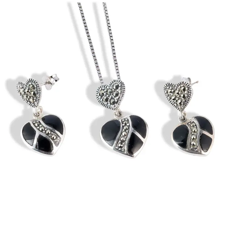 Black Onyx Jewelry Set for Women, Vintage 925 Sterling Silver Heart Pendant & Marcasite Earrings, 16-18 Inch Box Chain Necklace, Marcasite Stones, Double Hearts, Anniversary Gift, Birthday, 1 Mm, Sparkling Marcasite Stones
