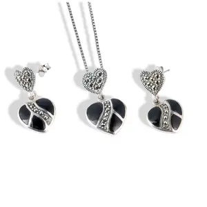 925 Sterling Silver Marcasite & Black Onyx Heart Jewelry Set – Necklace & Earrings