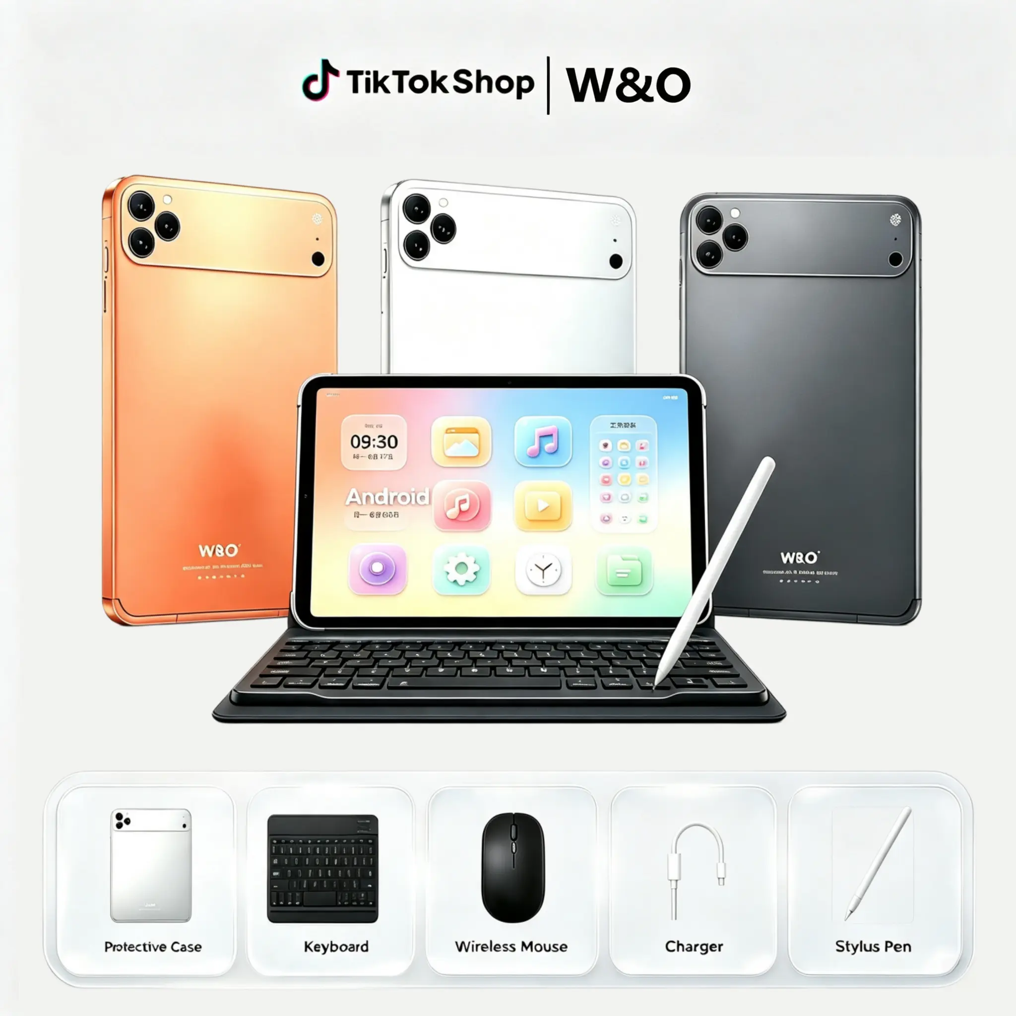 W&O Android 15 11-inch Tablet with Cellphone Compatibility, 12GB RAM + 256GB Expandable Storage, 10000mAh Long-Lasting Battery, 5G WiFi, Keyboard, Mouse, Case, Stylus, Dual Camera, Portable Work Device, Back to School Valentine’s Day Gift Bundle